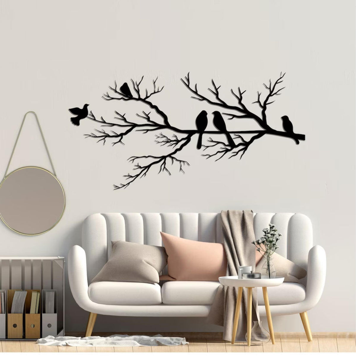 Birds on the Branch Metal Wall Art (75x37cm) in Texture Black, hung above a sofa