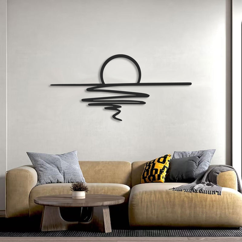 Sunset Metal Wall Art (120x56cm) in Texture Black, hung above a sofa