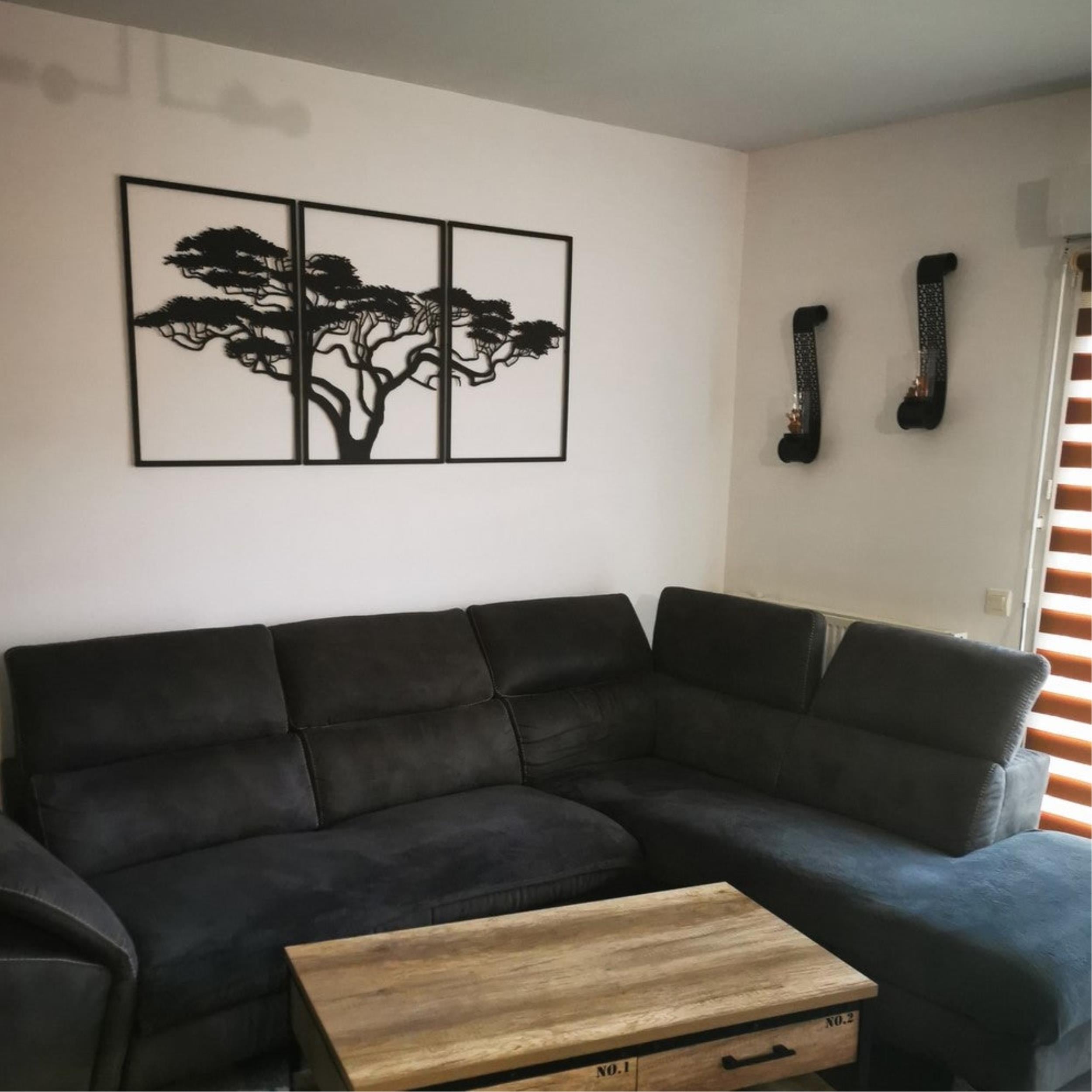 African Tree Metal Wall Art (120x60cm) – acacia tree silhouette, 3-panel framed set