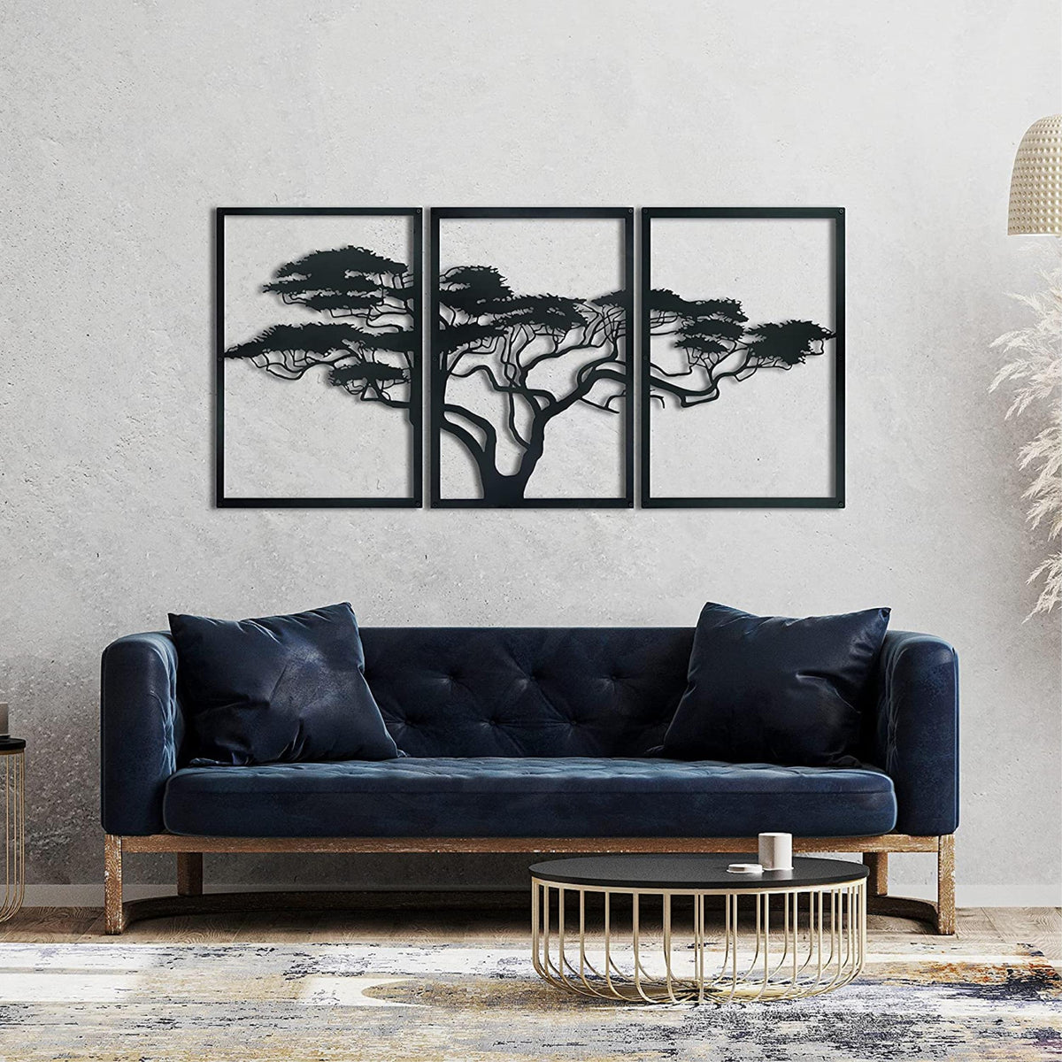 African Tree Metal Wall Art (120x60cm) in Texture Black, hung above a sofa