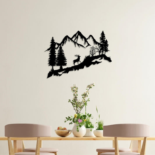 Deer in the Forest Metal Wall Art (60cm) in Texture Black, hung above a sideboard