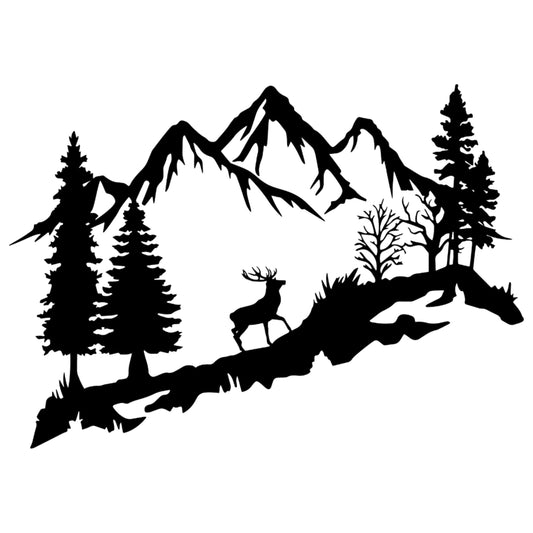 Deer in the Forest Metal Wall Art (60cm) on a white background, deer, forest and mountain scene, silhouette design