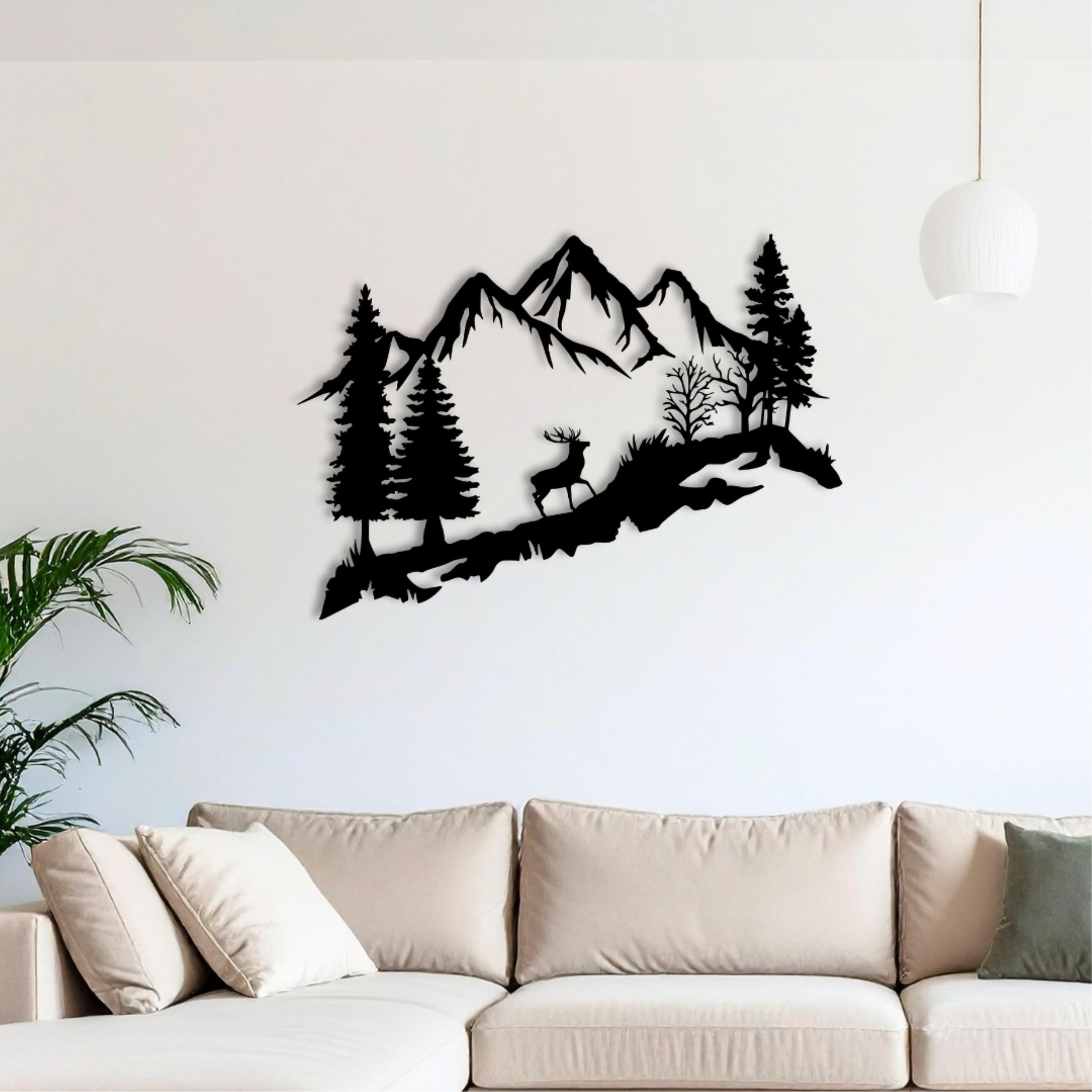 Deer in the Forest Metal Wall Art (75cm) – deer, forest and mountain scene, silhouette design