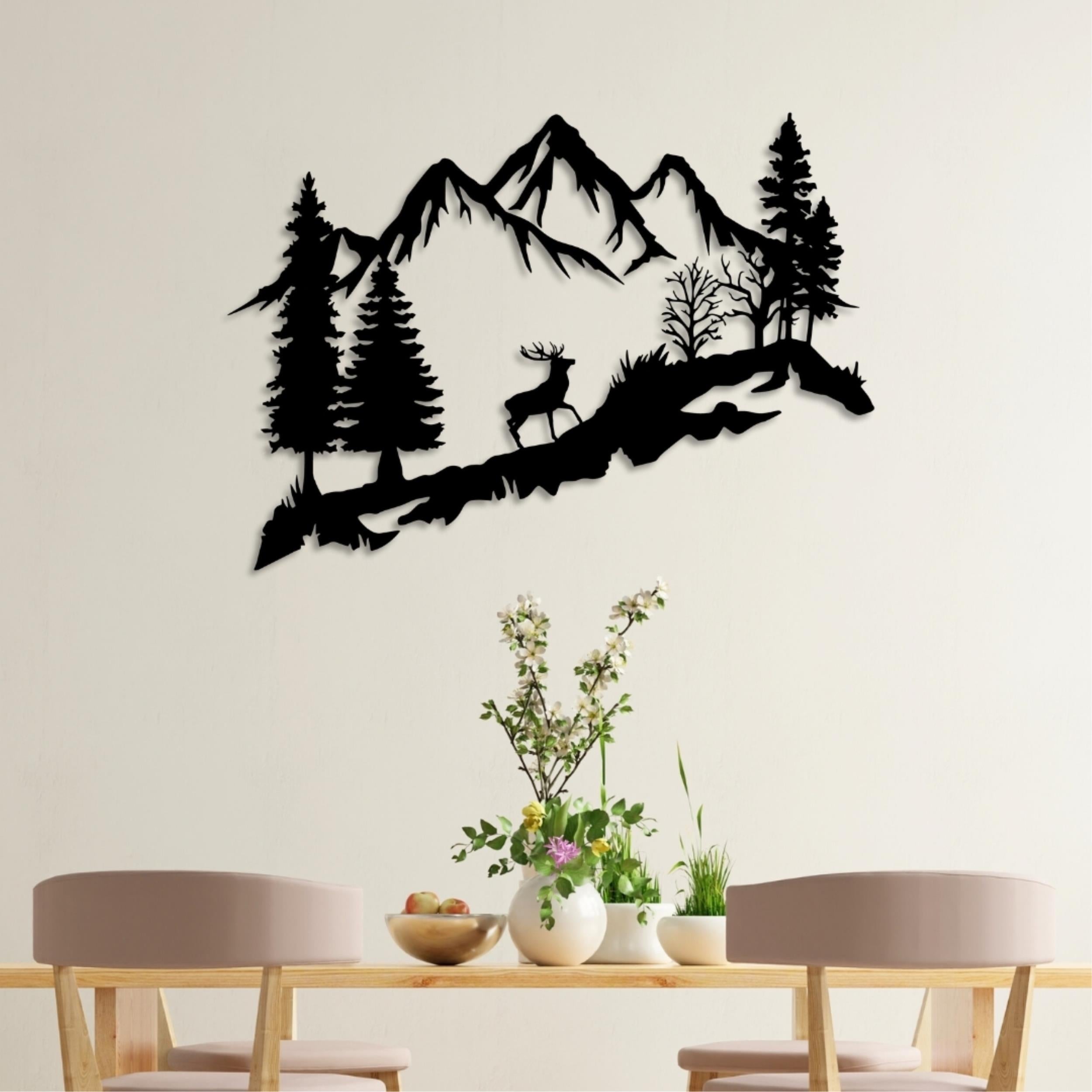 Deer in the Forest Metal Wall Art (90cm) – deer, forest and mountain scene, silhouette design