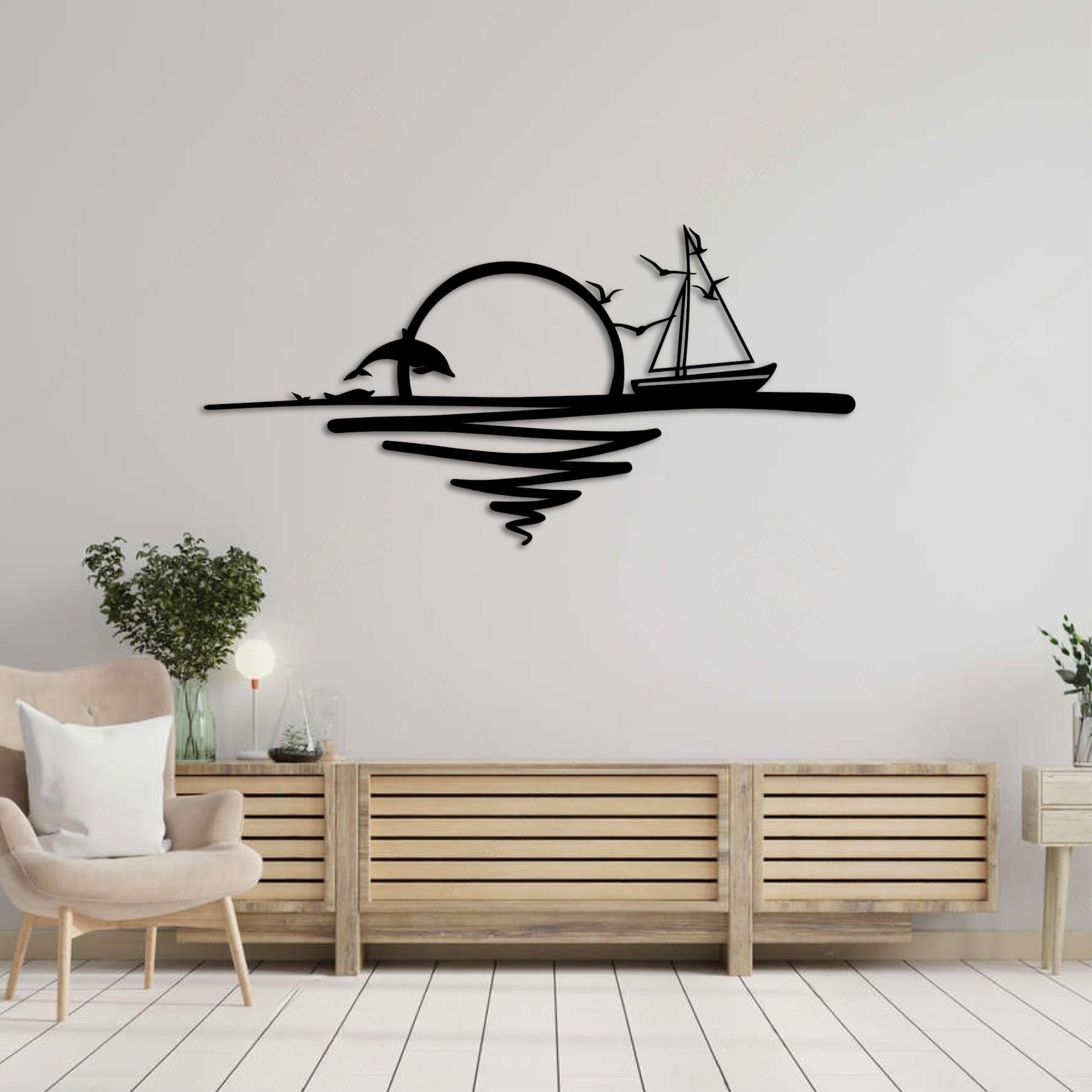 Rising Sun Metal Wall Art (120x55.2cm) – sailing boat, beach umbrella and sun, silhouette design
