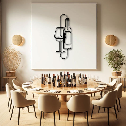 Wine Metal Wall Art (75cm) in Texture Black, hung above a dining table