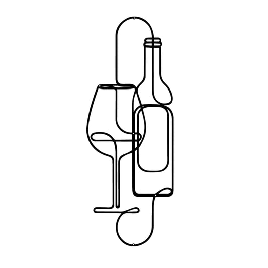 Wine Metal Wall Art (75cm) on a white background, wine bottle and glass, single-line design