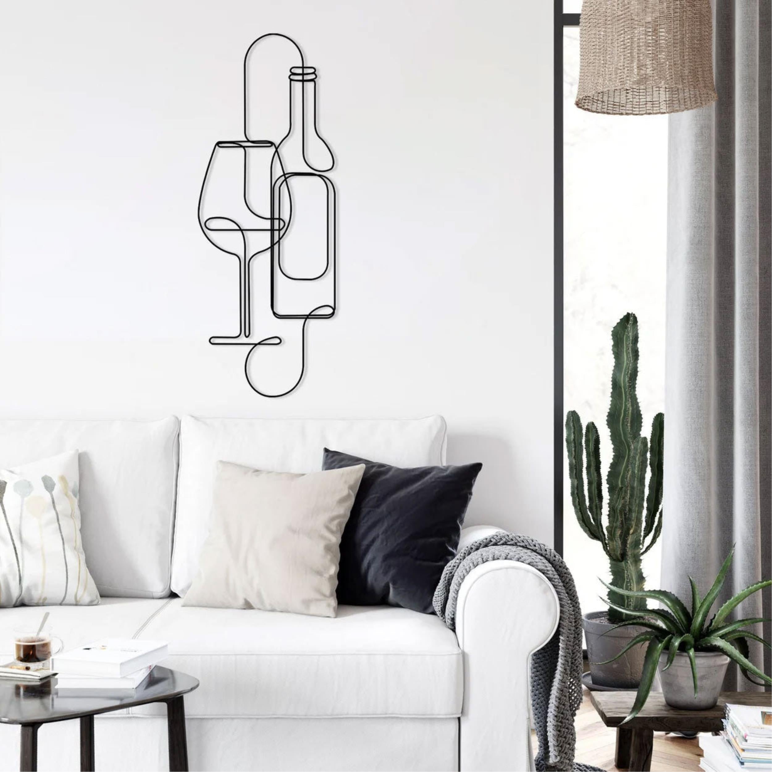 Wine Metal Wall Art (96cm) – wine bottle and glass, single-line design