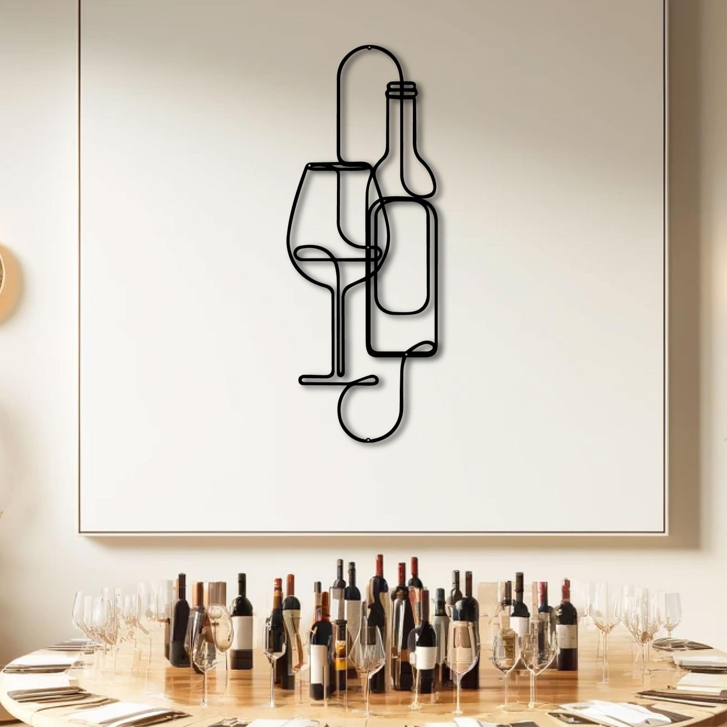 Close-up detail of the Wine Metal Wall Art wine bottle and glass