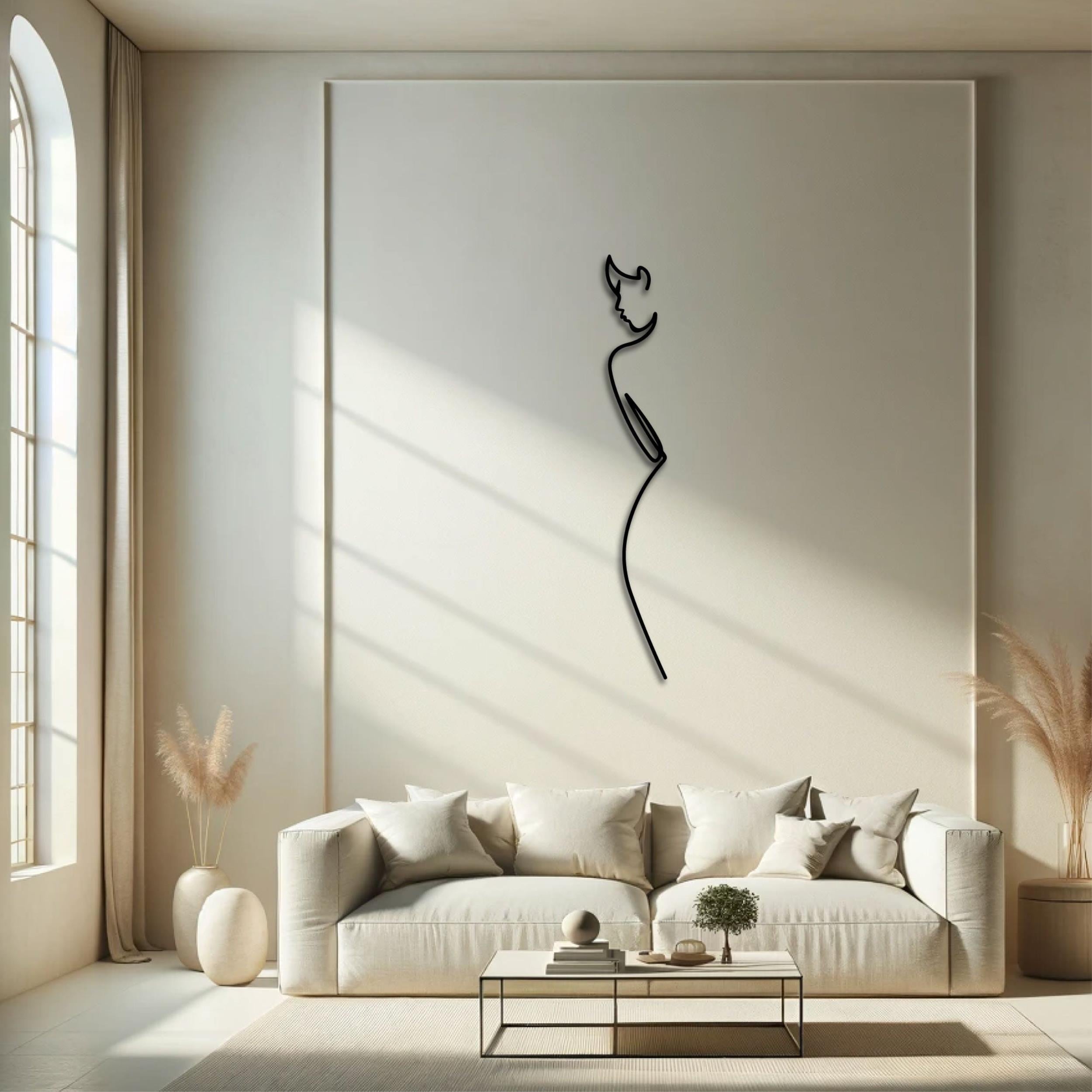 Minimalist Elegance metal wall art, 17x120cm, hung above a sofa in a living room