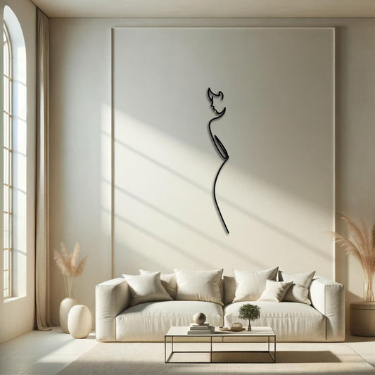 Minimalist Elegance metal wall art, 17x120cm, hung above a sofa in a living room