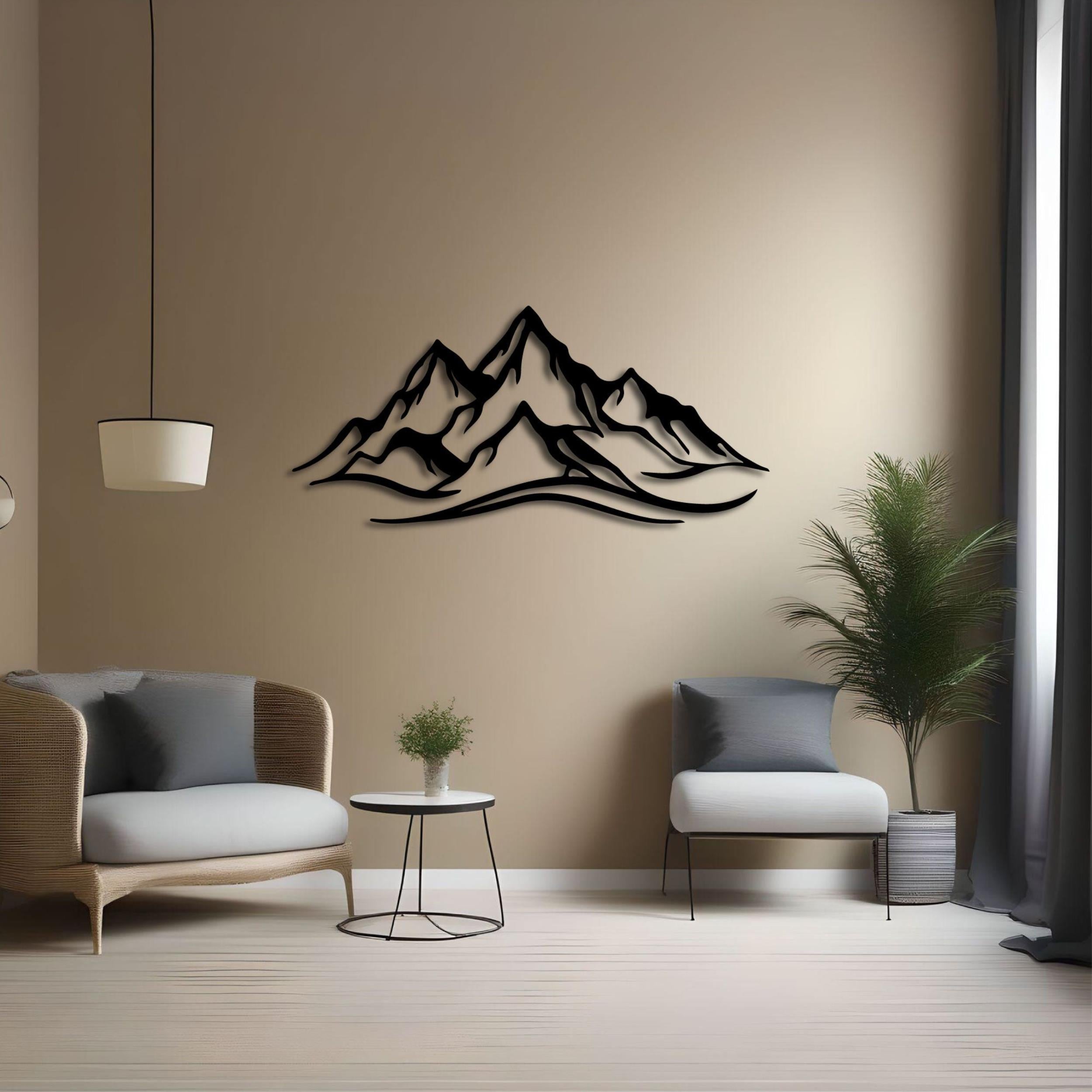 Mountain Metal Wall Art (120cm) – mountain range and river, silhouette design