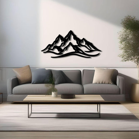 Mountain Metal Wall Art (120cm) in Texture Black, hung above a sofa