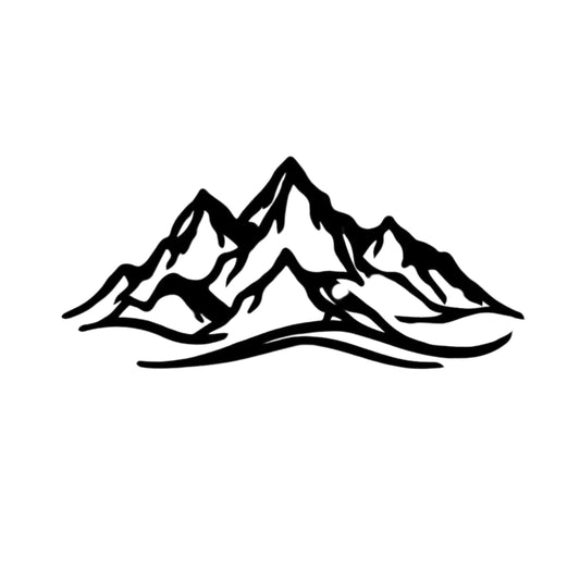 Mountain Metal Wall Art (120cm) on a white background, mountain range and river, silhouette design