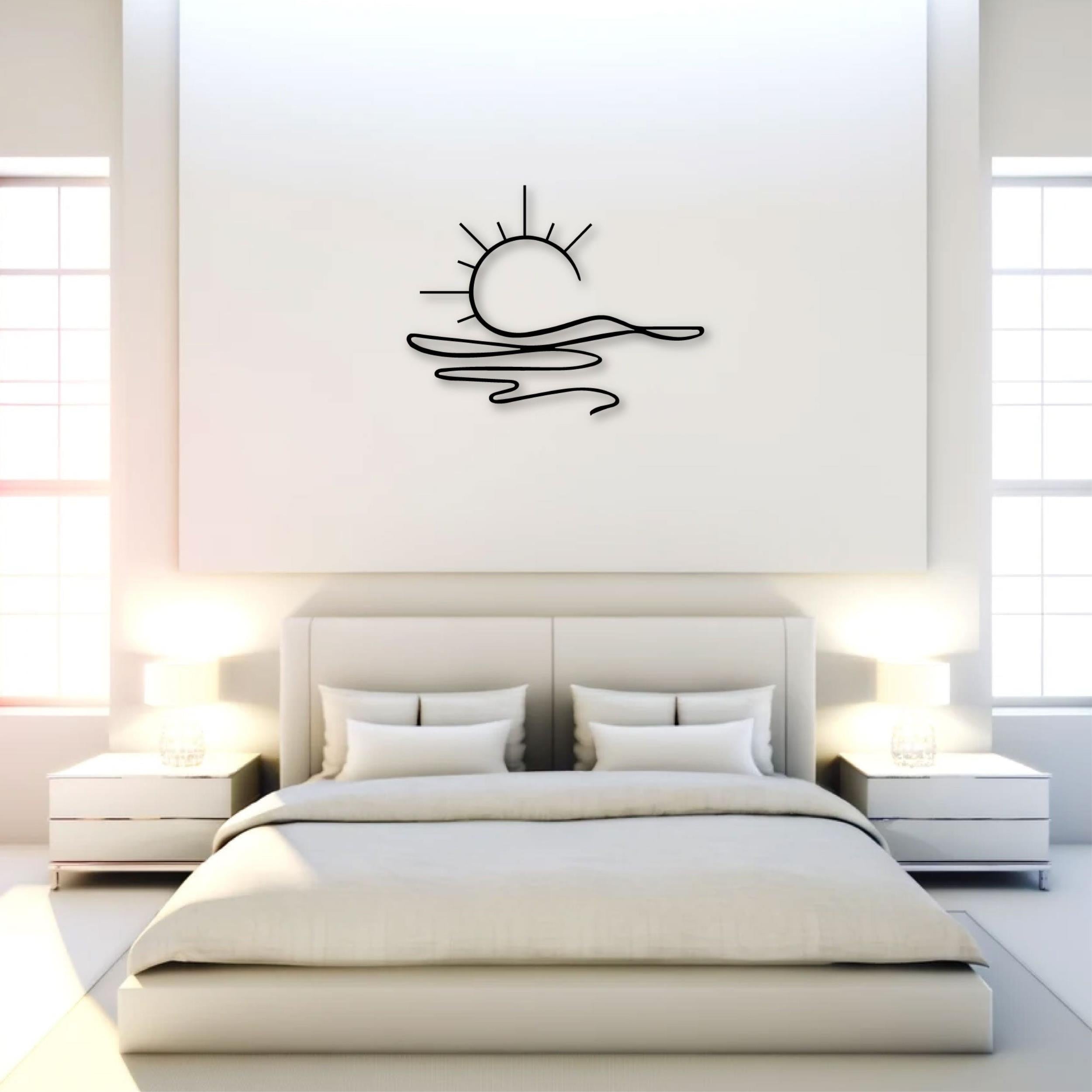 Sunny Metal Wall Art (75cm) – sun and waves, single-line design