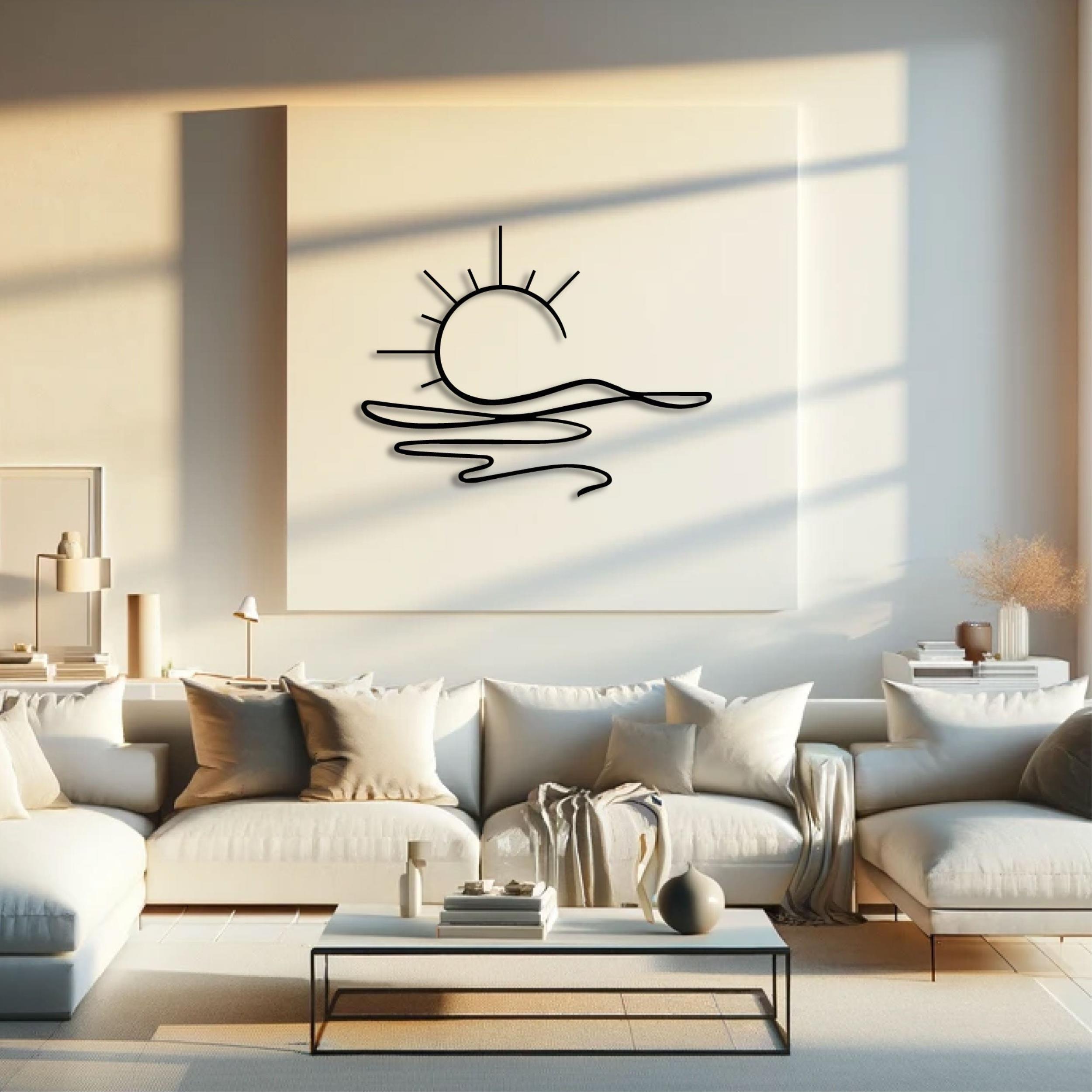 Sunny Metal Wall Art (75cm) in Texture Black, hung above a sofa