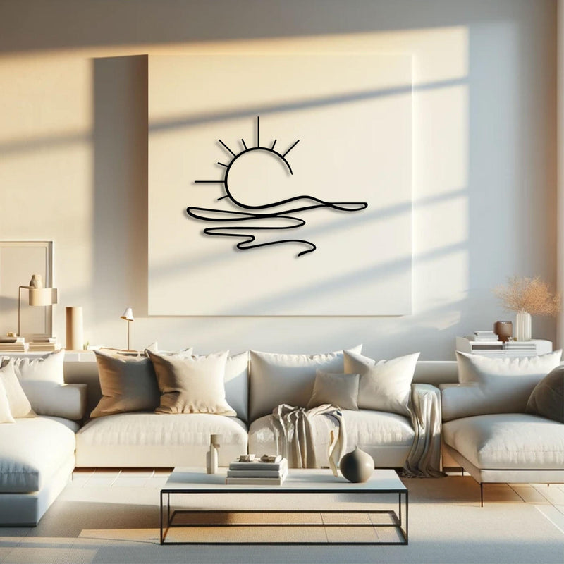 Sunny Metal Wall Art (75cm) in Texture Black, hung above a sofa