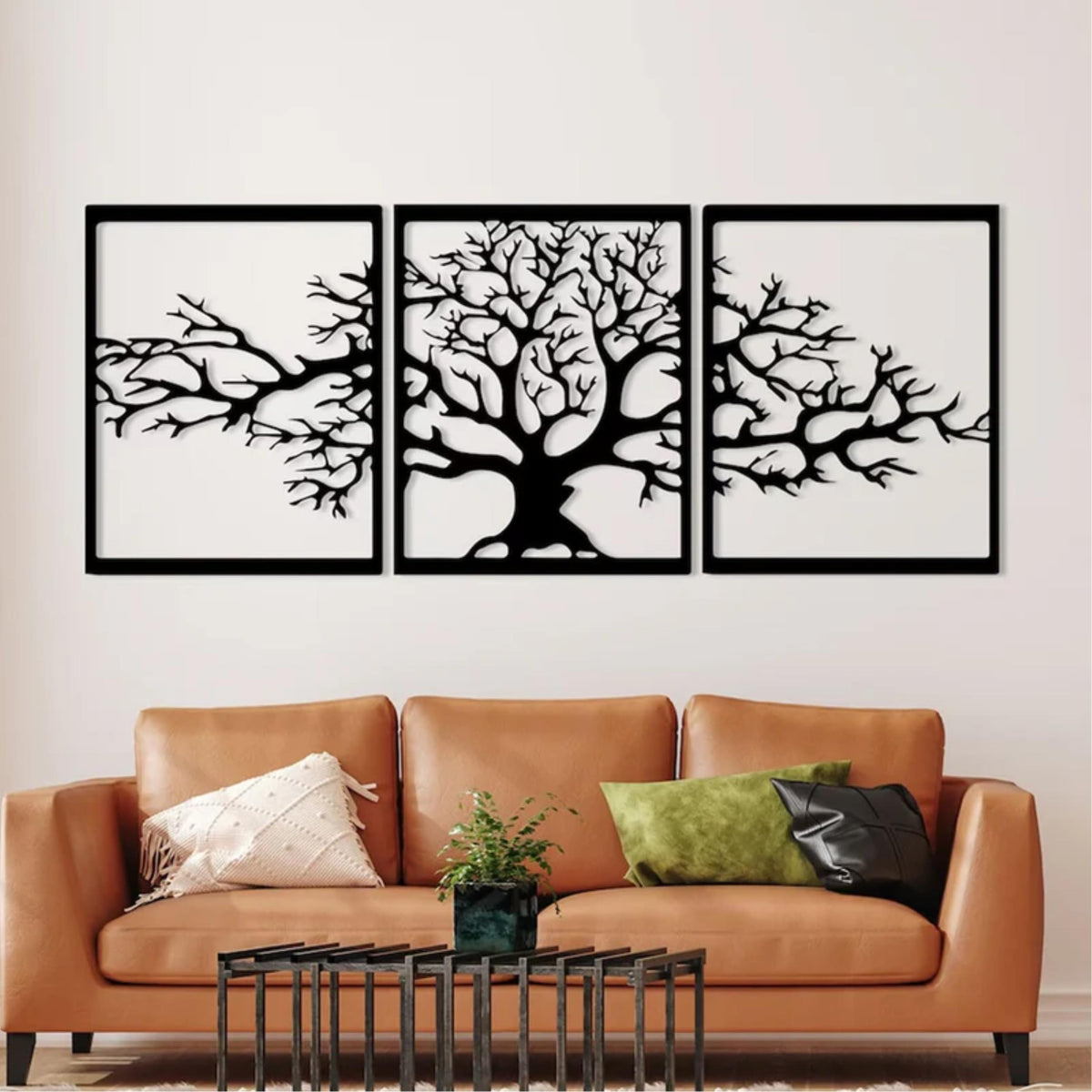 Triptych Platanus Metal Wall Art (48cm) in Texture Black, hung above a sofa