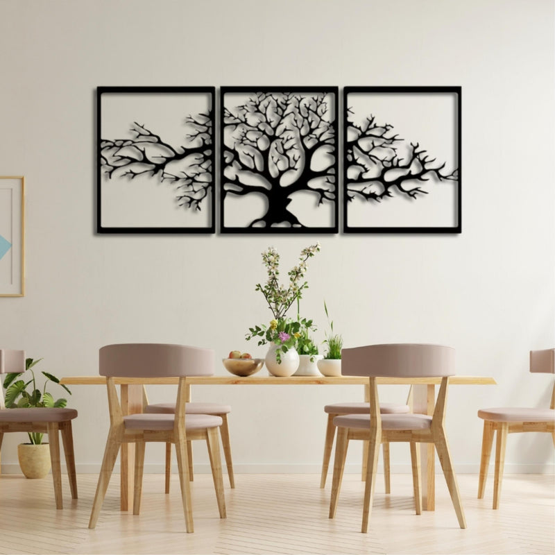 Triptych Platanus metal wall art, 144x60cm, in Texture Black finish