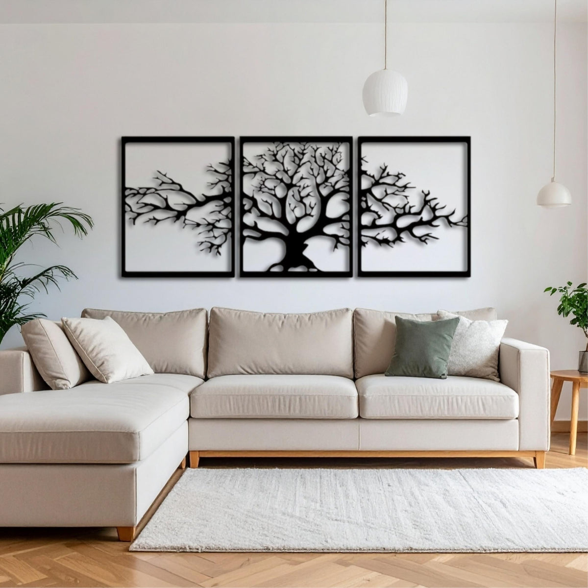 Triptych Platanus metal wall art, 144x60cm, hung above a sofa in a living room