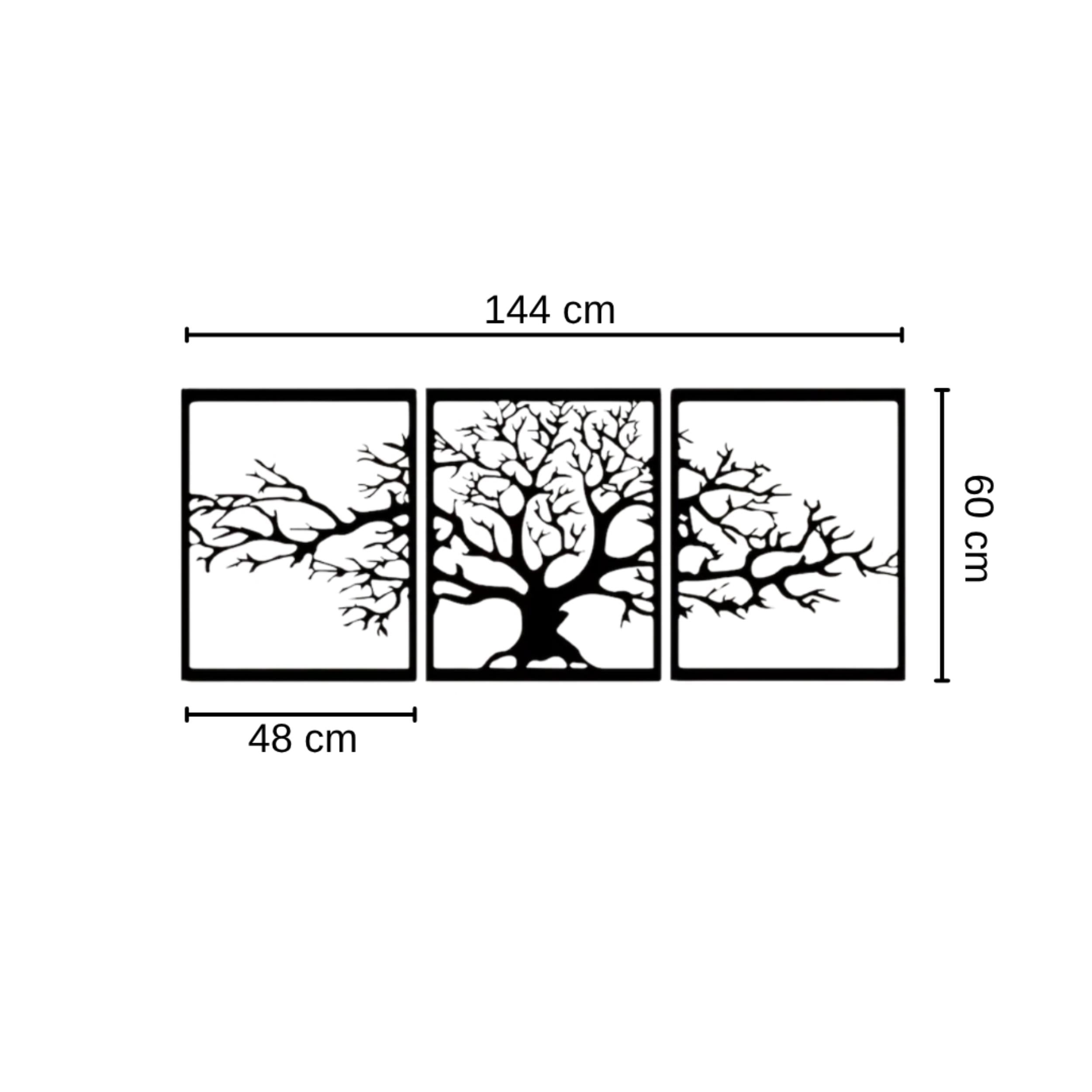 Dimension diagram showing the 144x60cm size of the Triptych Platanus metal wall art, 3 panels