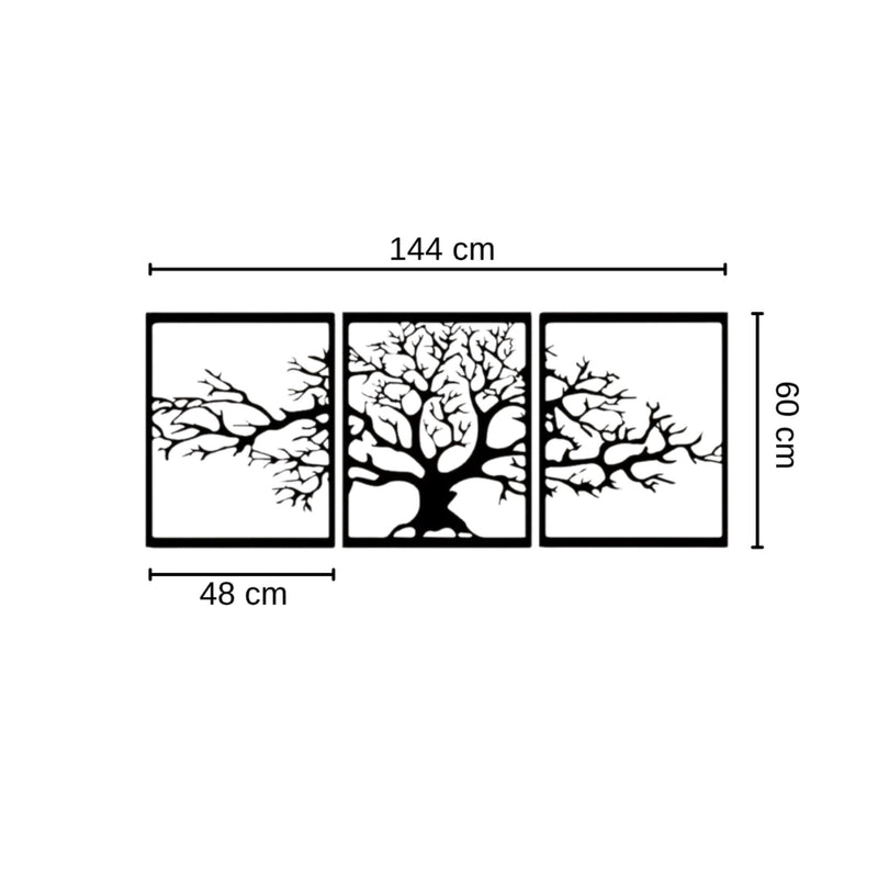 Dimension diagram showing the 144x60cm size of the Triptych Platanus metal wall art, 3 panels