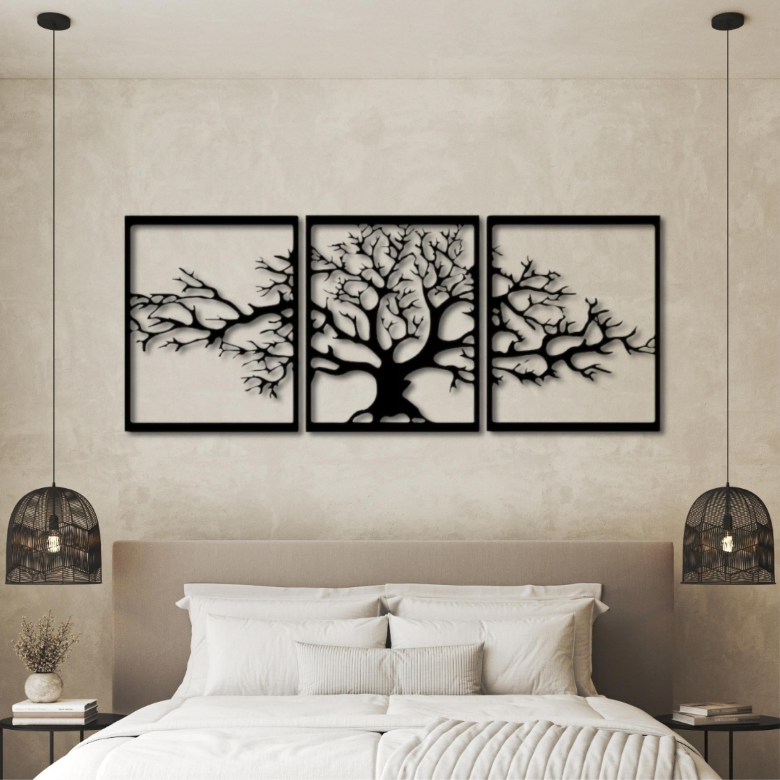 Triptych Platanus Metal Wall Art (74cm) – plane tree silhouette, 3-panel set