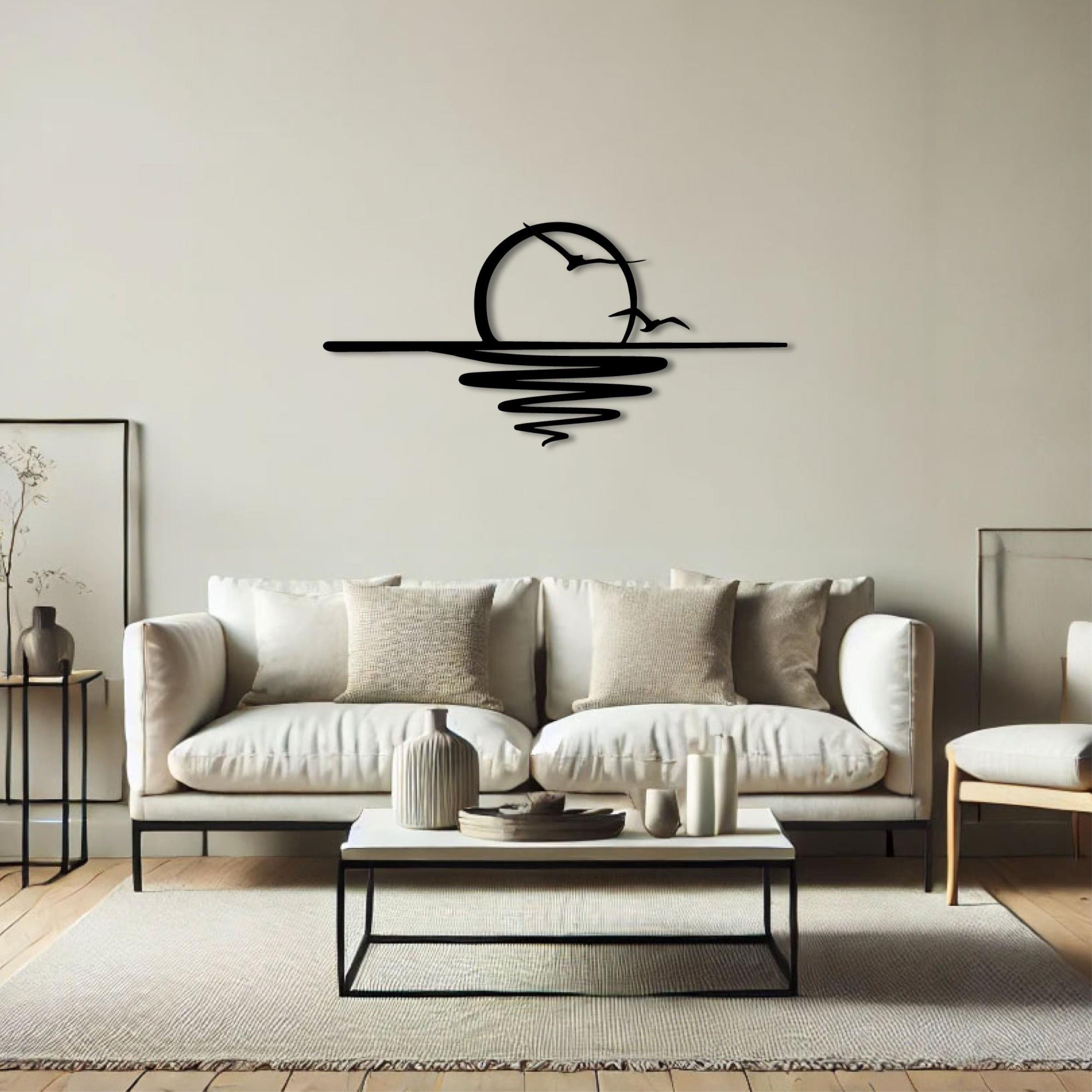 The Sun Metal Wall Art (120x55cm) – sun, birds and waves, silhouette design