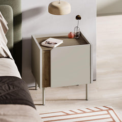 Norm Modern Bedside Table with Soft-Close Door Storage and Metal Legs – Natural Oak, Sandstone (Sandstone Metal Legs)