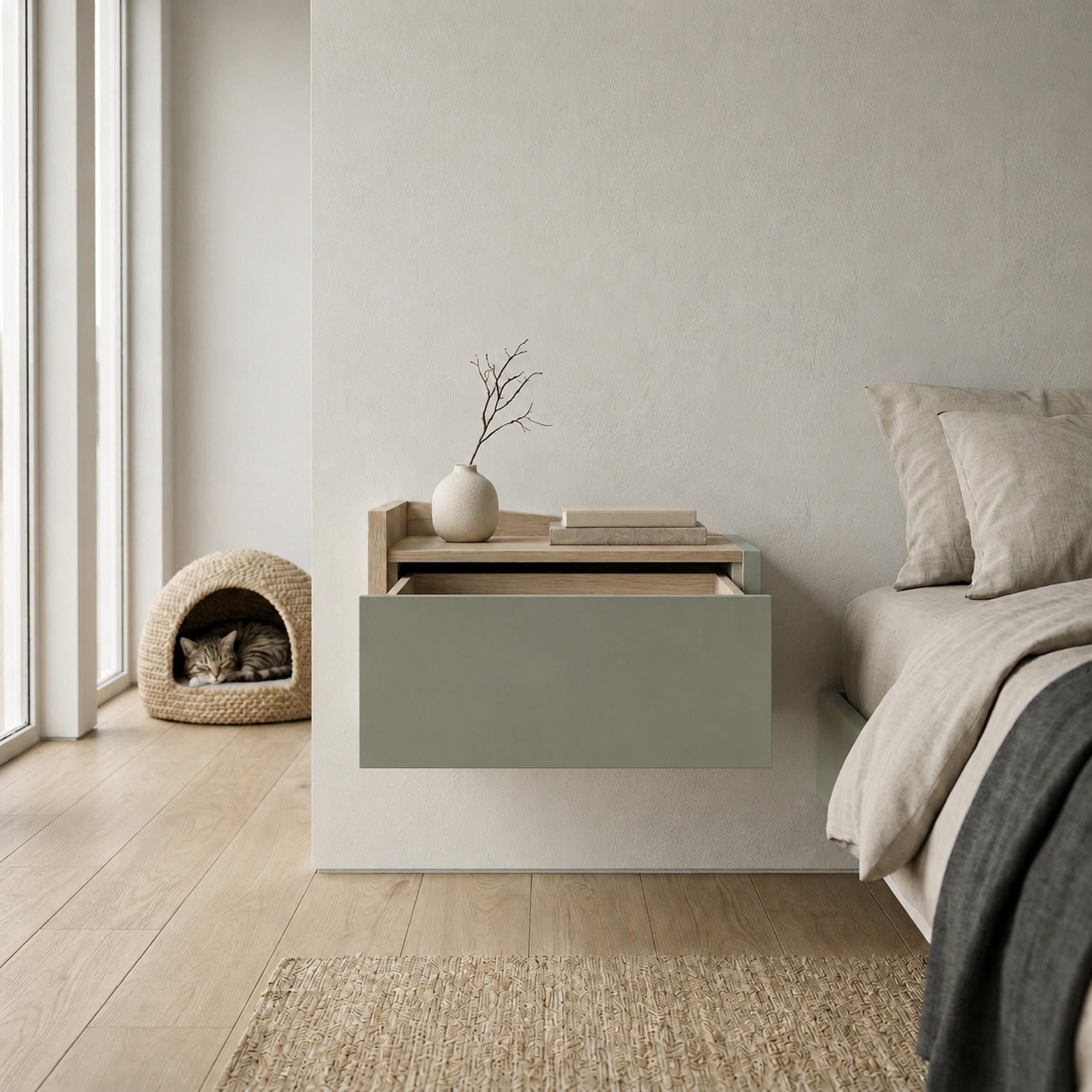 Diago Floating Bedside Table Left - open drawer detail