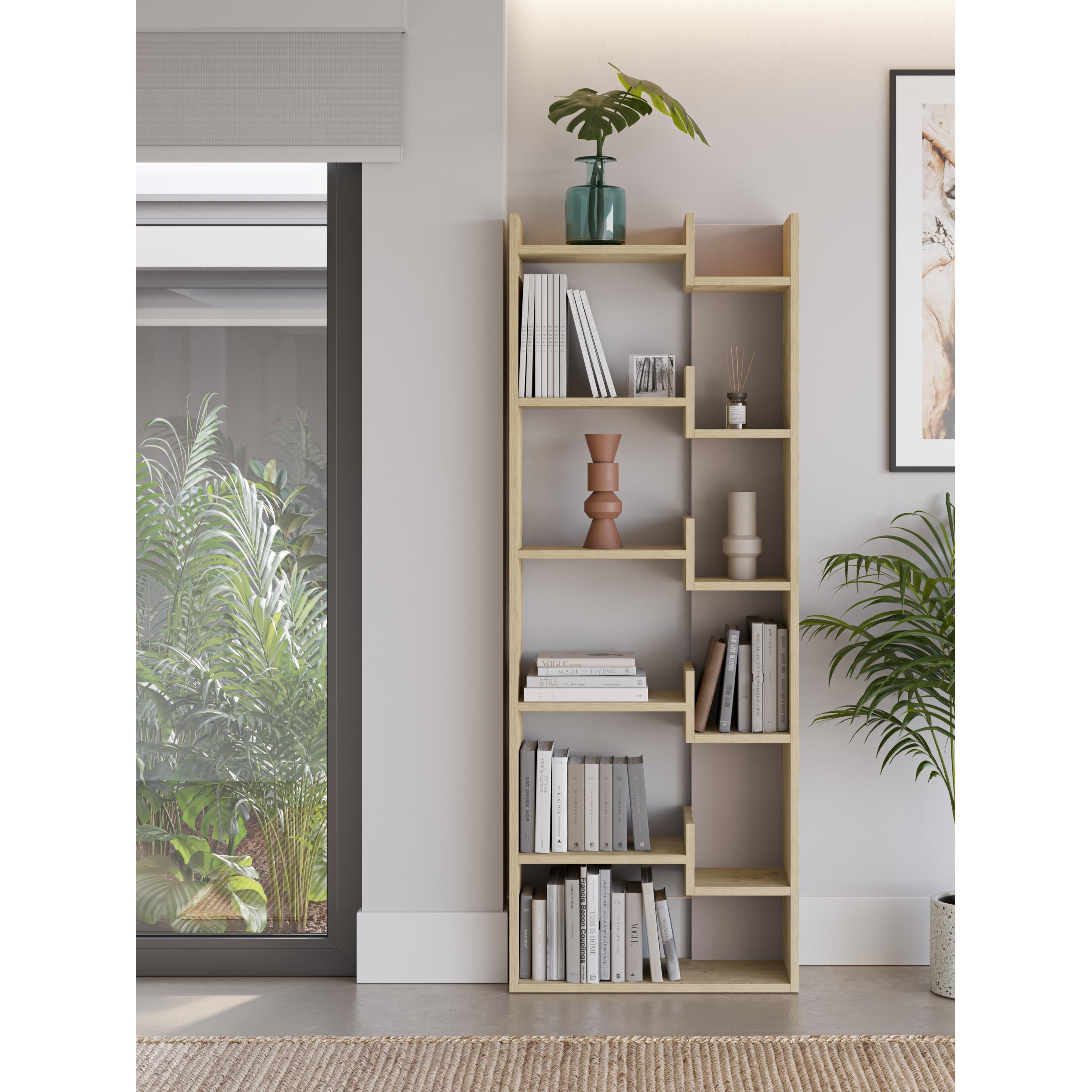 Oppa Modern Bookcase Display Unit Tall 162.4cm – Sapphire Oak,Light Mocha