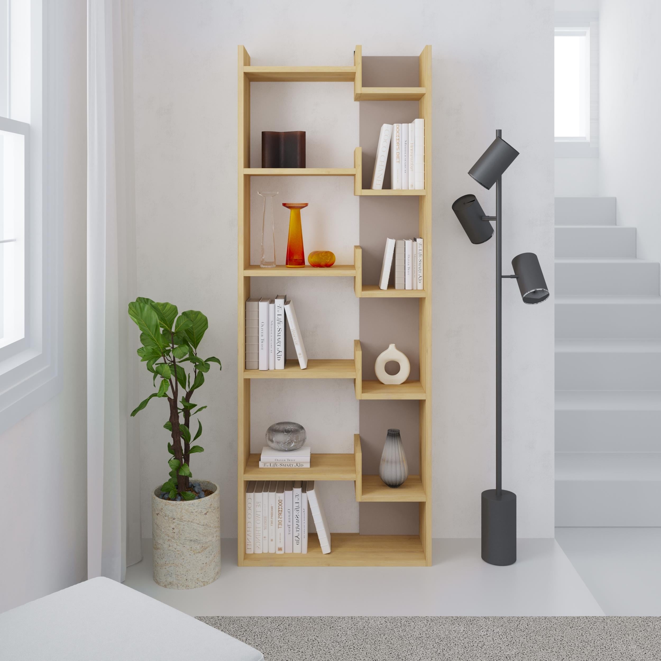 Oppa Modern Bookcase Display Unit Tall 162.4cm – Sapphire Oak,Light Mocha
