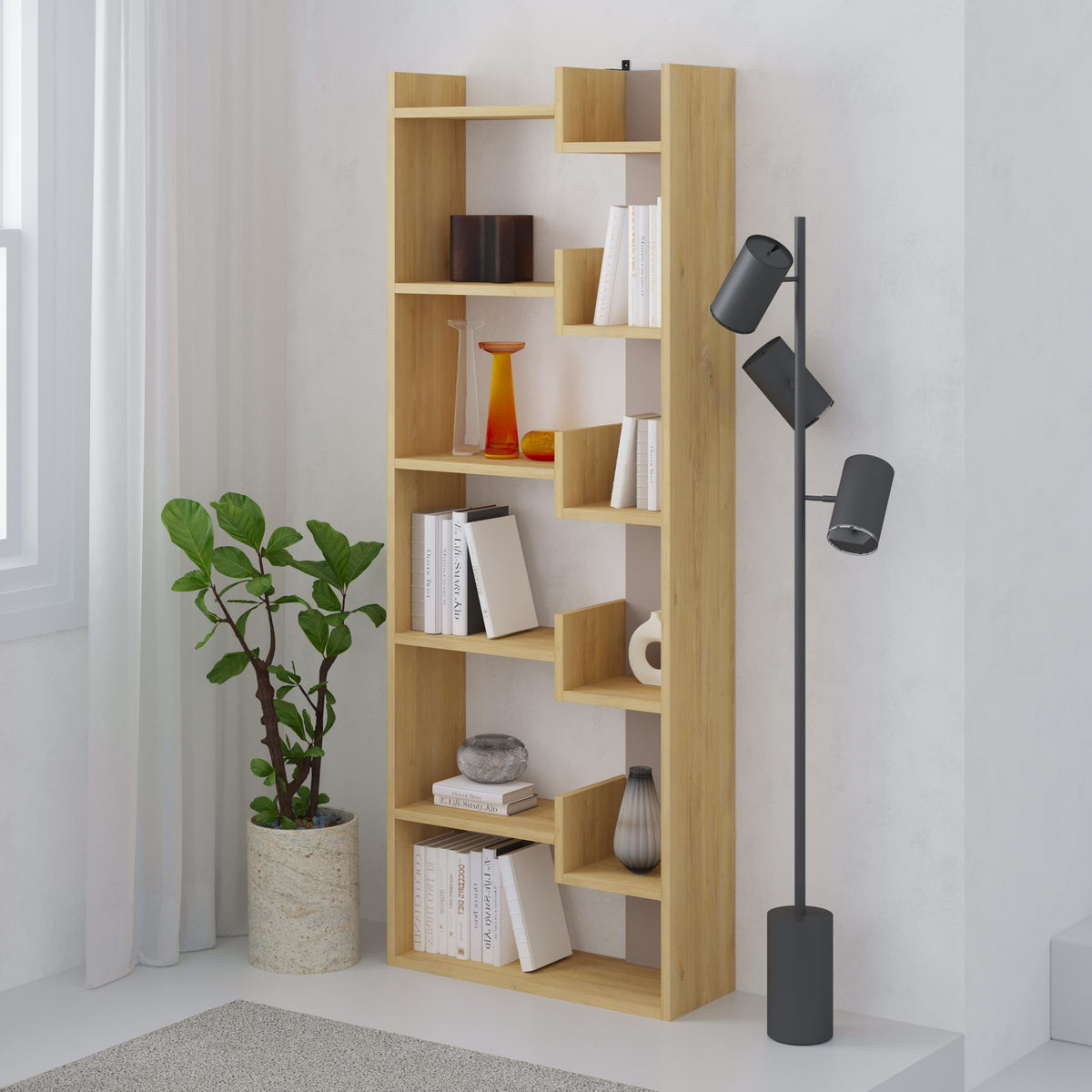 Oppa Modern Bookcase Display Unit Tall 162.4cm – Sapphire Oak,Light Mocha
