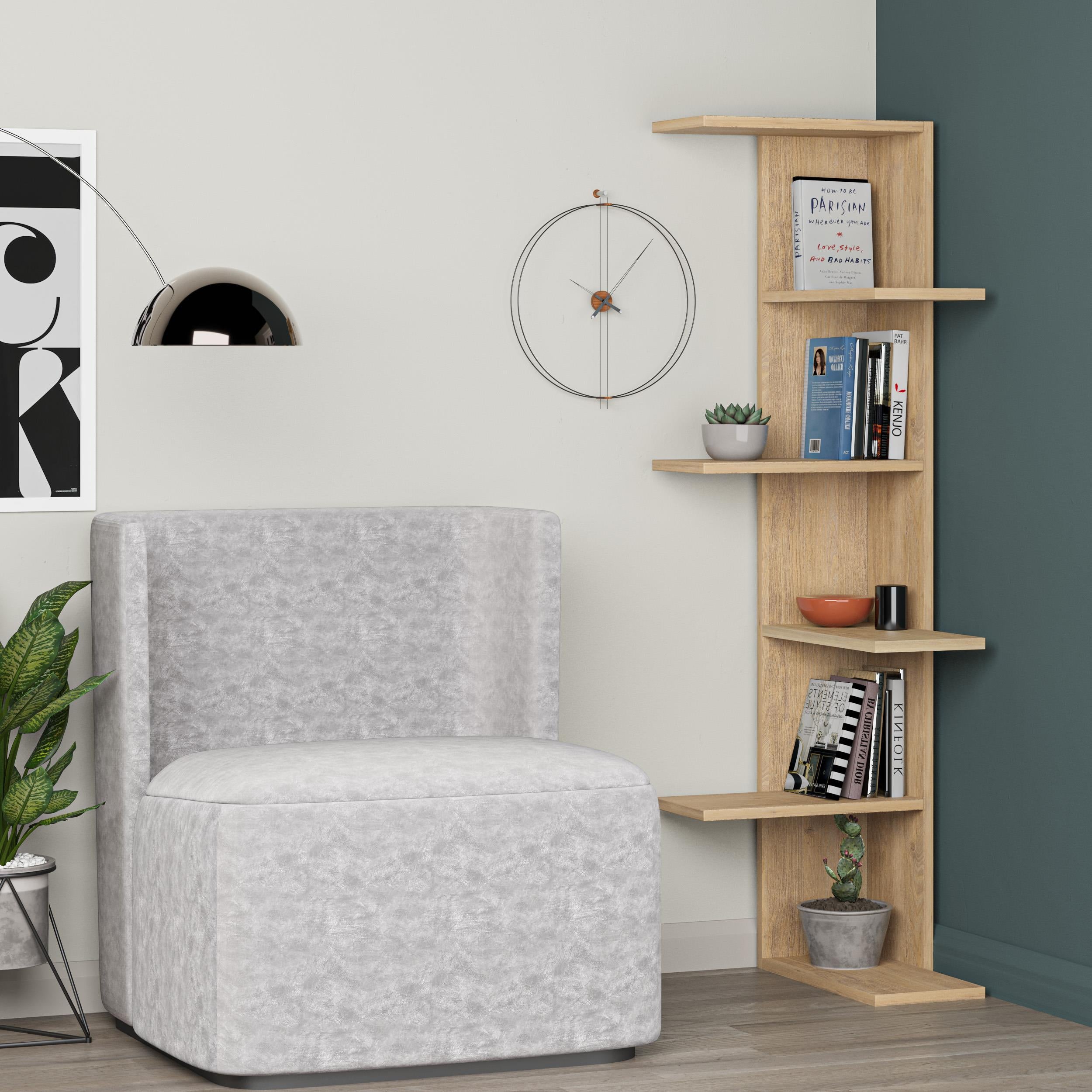 Saso 5-tier Corner Bookcase styled in a room corner