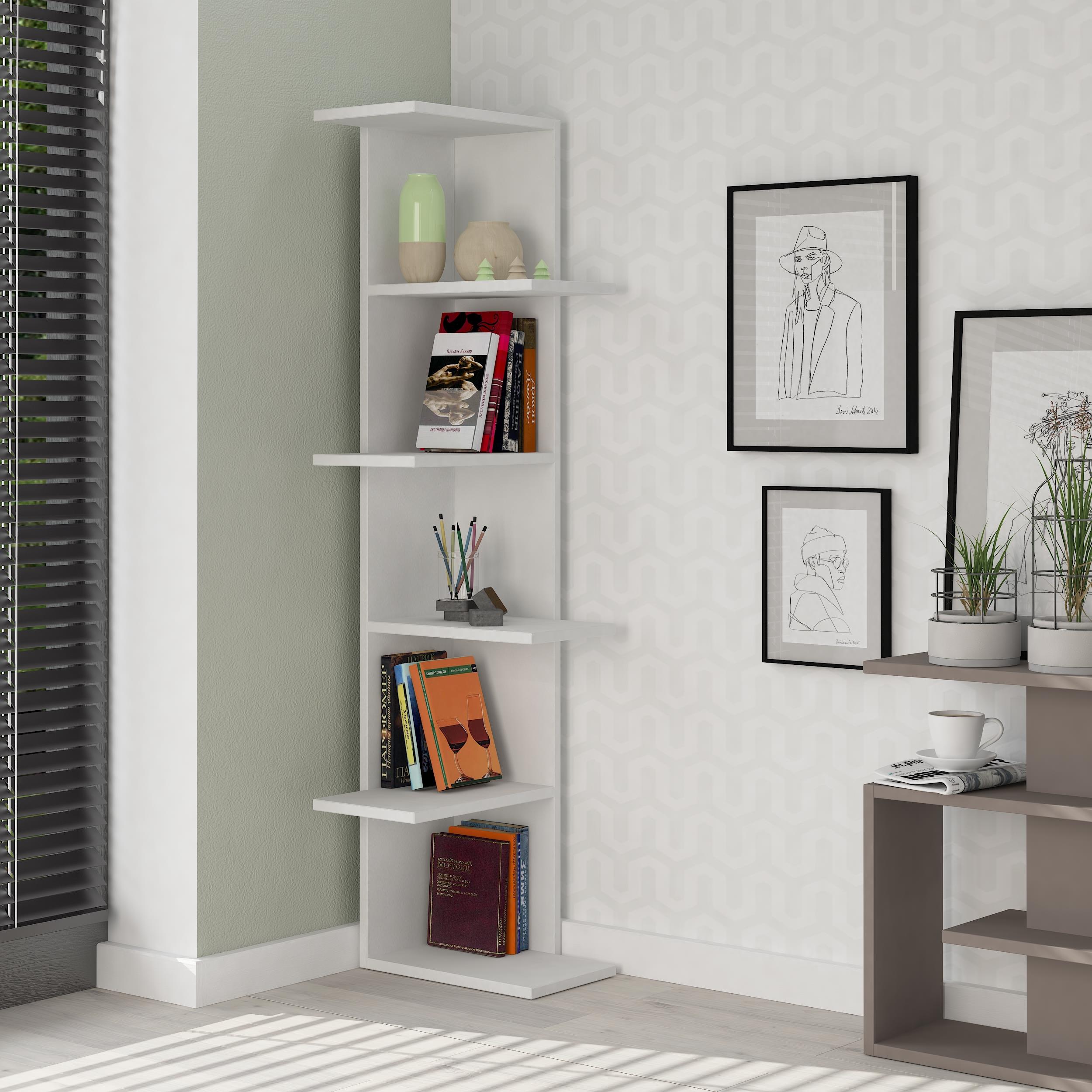 Saso 5-tier Corner Bookcase styled in a room corner