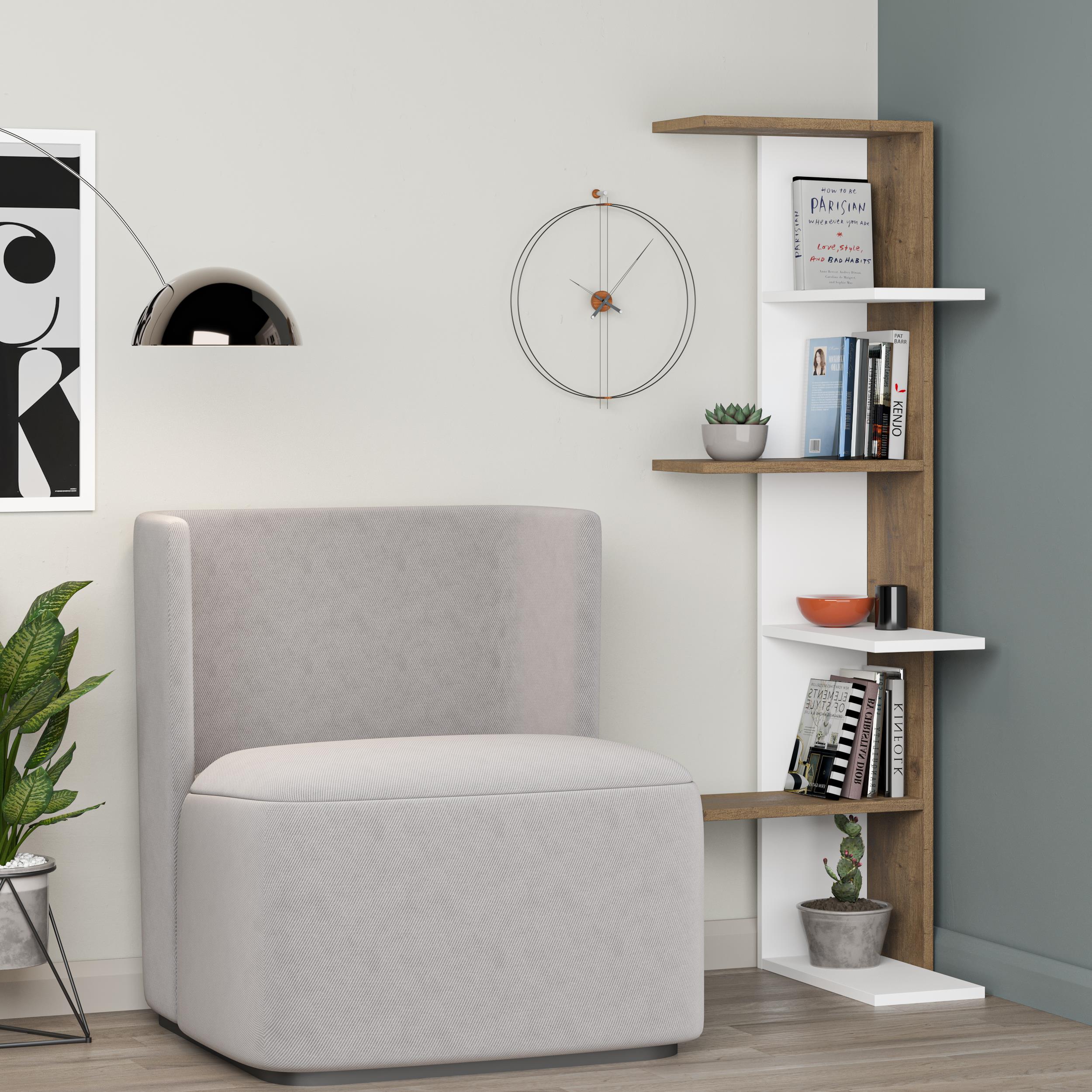 Saso 5-tier Corner Bookcase styled in a room corner