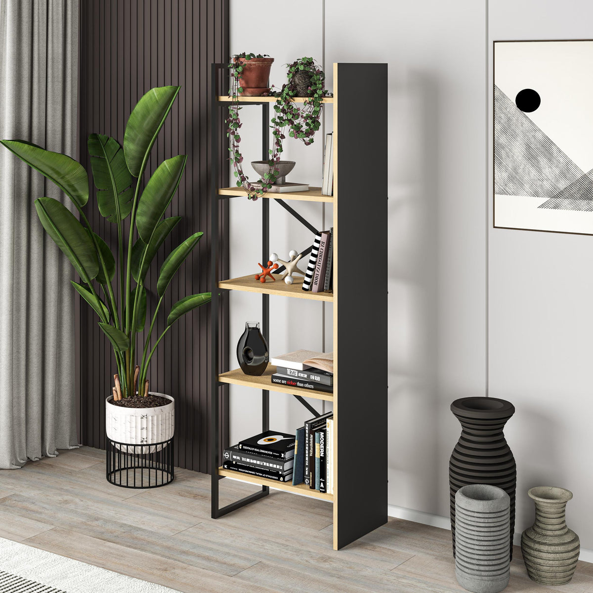 Detroit Industrial Bookcase 58cm - styled in a living room setting