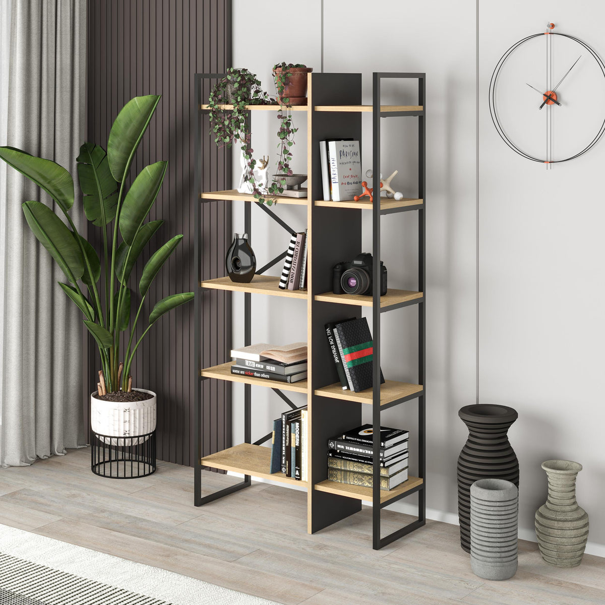 Detroit Industrial Bookcase 87.5cm - styled in a living room setting