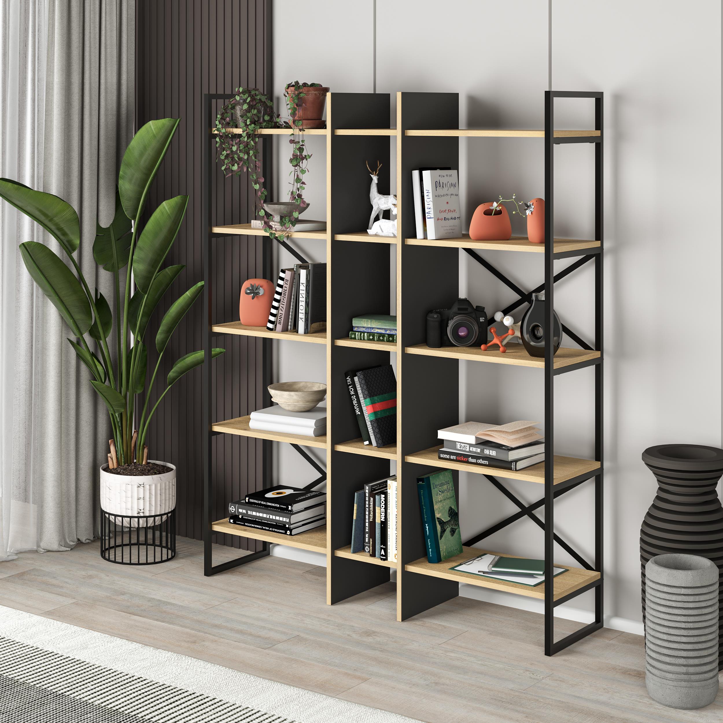 Detroit Industrial Bookcase 143.5cm - Wide Industrial Bookcase with Metal Frame