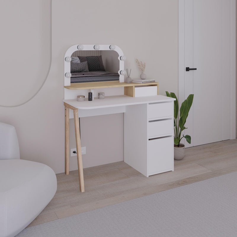 Avien Dressing Table Set – LED Mirror, 3 Drawers & Storage Cabinet in White,Sapphire Oak