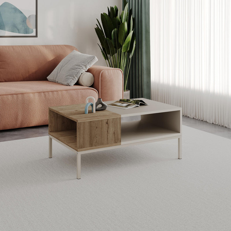 Cailin Modern Coffee Table with Open Storage in (Metal Sandstone Legs), Sandstone, Natural Oak