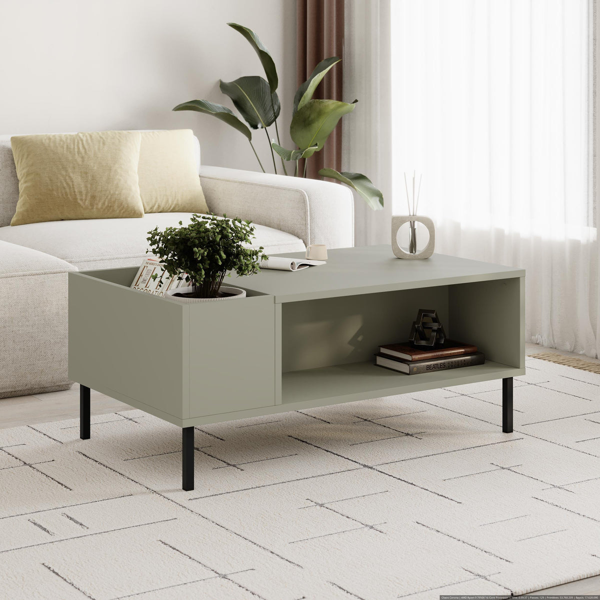 Vena Modern Coffee Table Ash Green styled in a living room