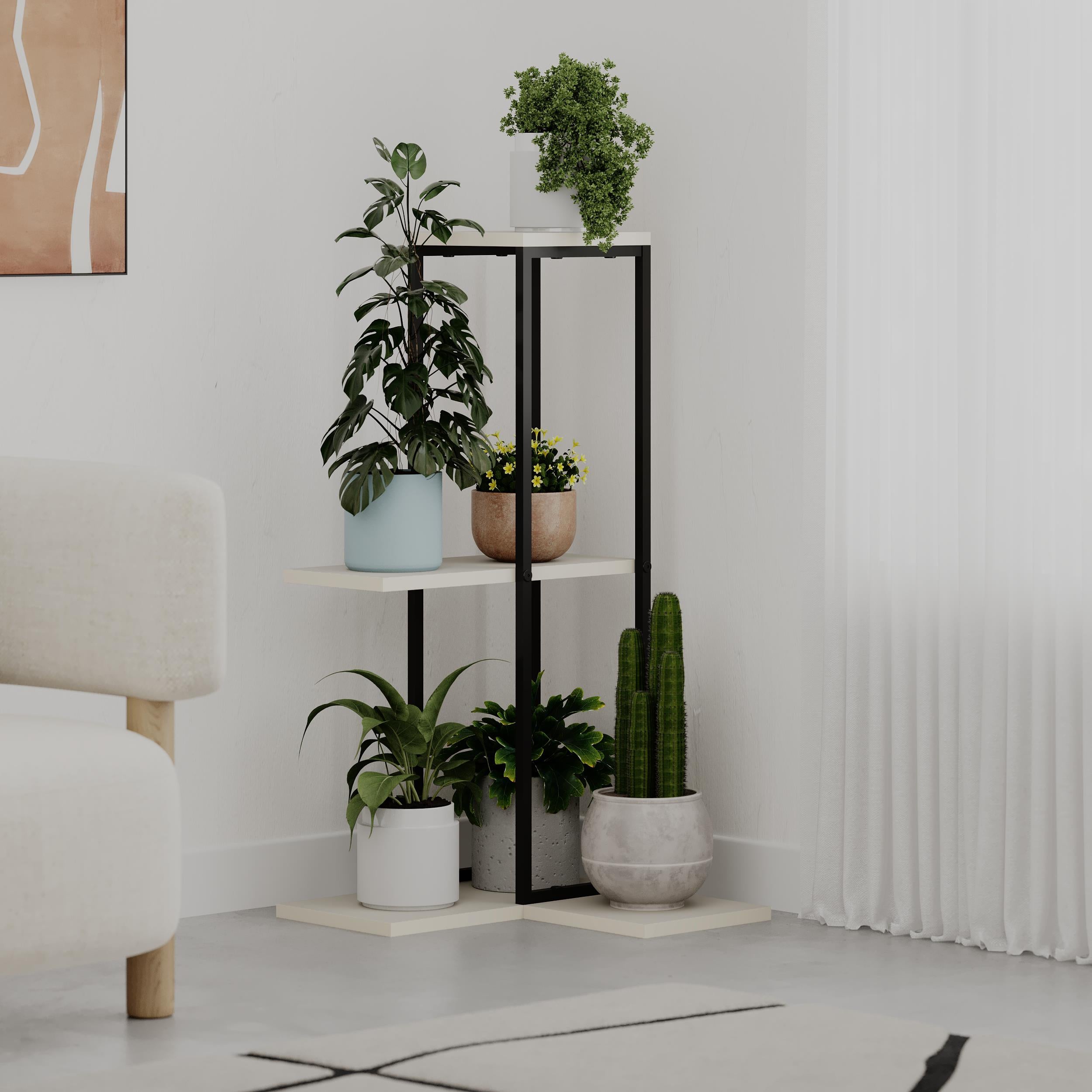 Vetra Modern Plantstand Shelves styled in a room corner