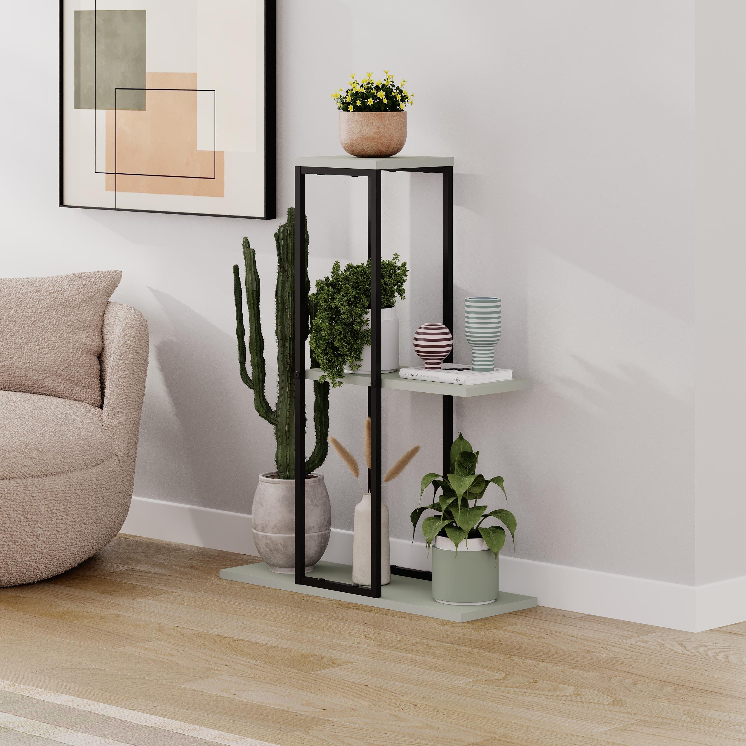 Vetra Modern Plantstand Shelves styled in a room corner