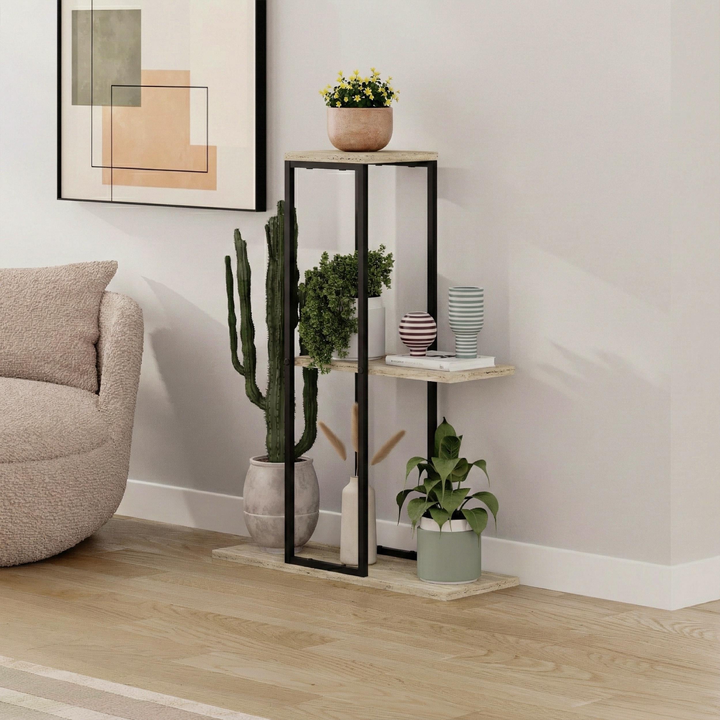 Vetra Modern Plantstand Shelves styled in a room corner