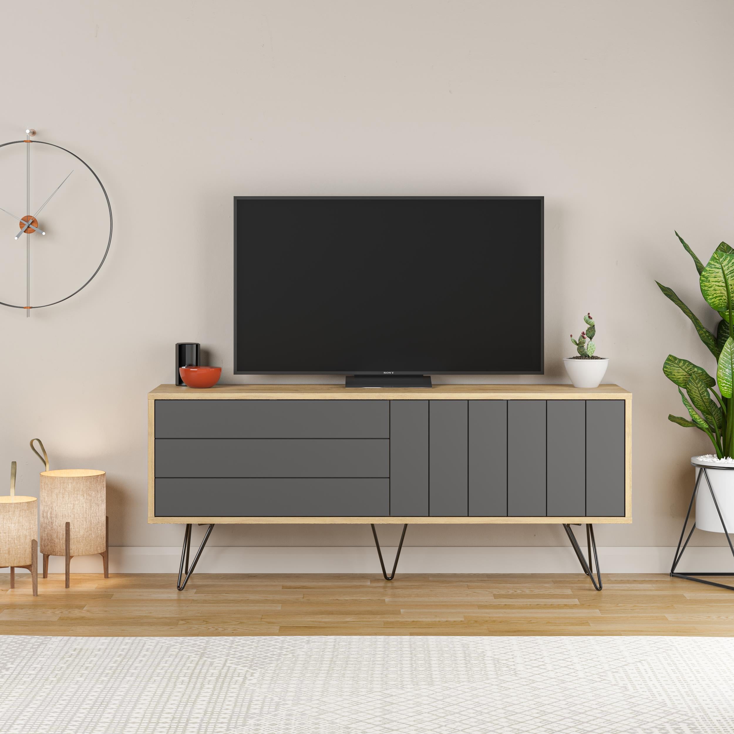 Picadilly Modern TV Stand Multimedia Centre With Storage Cabinet 139cm – Oak,Anthracite