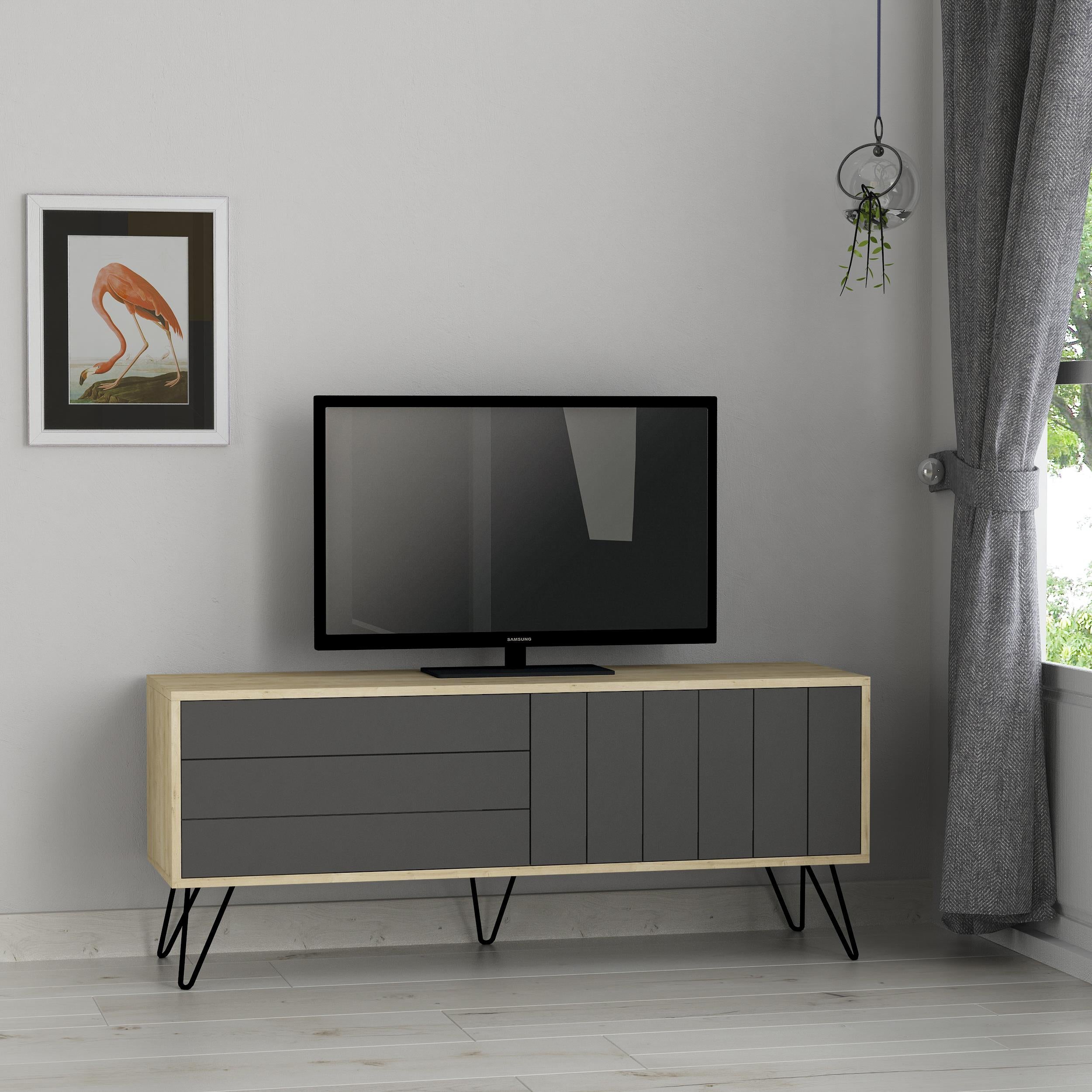 Picadilly Modern TV Stand Multimedia Centre With Storage Cabinet 139cm – Oak,Anthracite