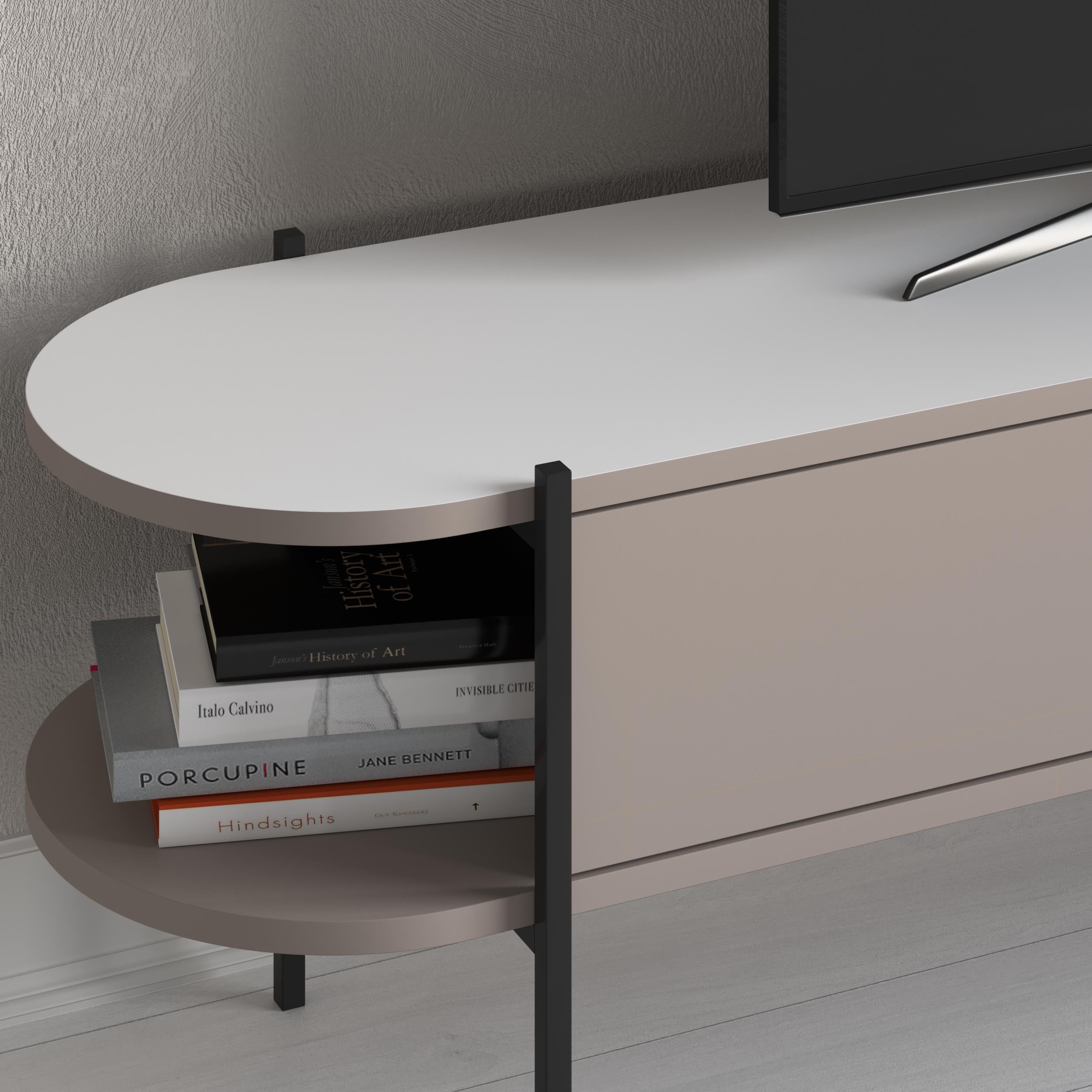 Otis Modern TV Stand Multimedia Centre Metal Leg Storage 160cm – Light Mocha,White