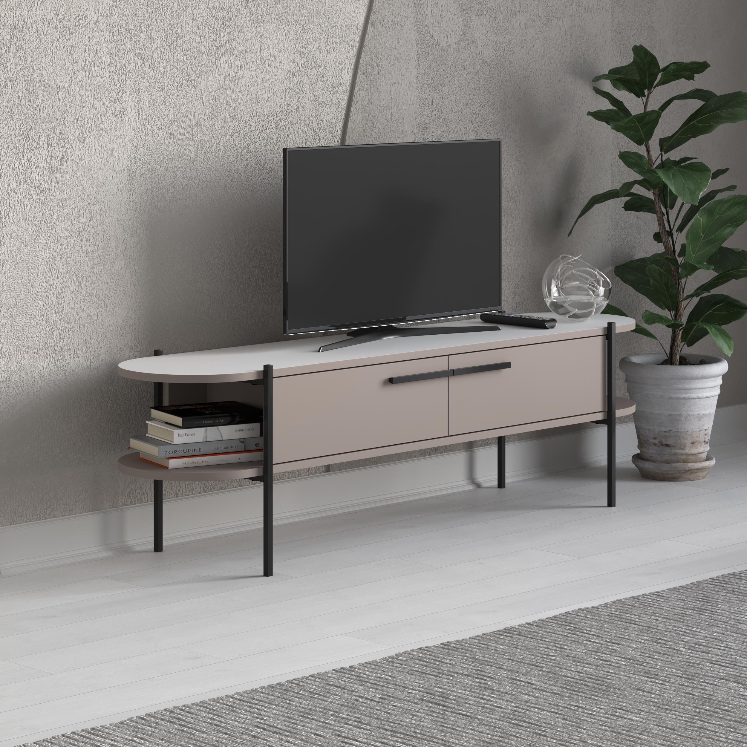Otis Modern TV Stand Multimedia Centre Metal Leg Storage 160cm – Light Mocha,White