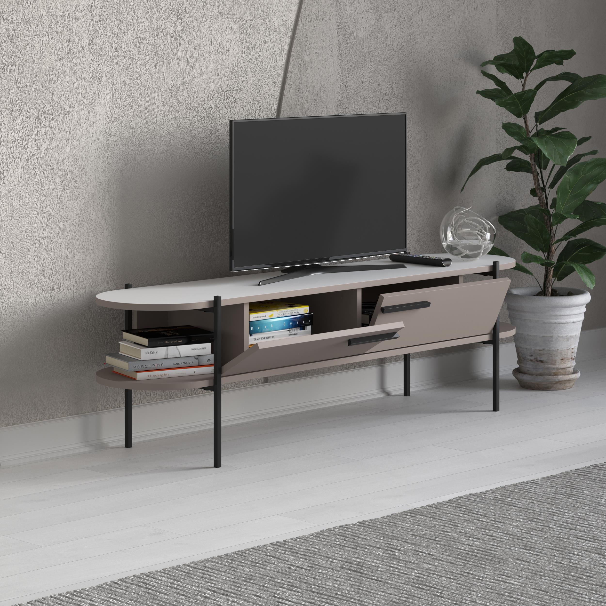 Otis Modern TV Stand Multimedia Centre Metal Leg Storage 160cm – Light Mocha,White